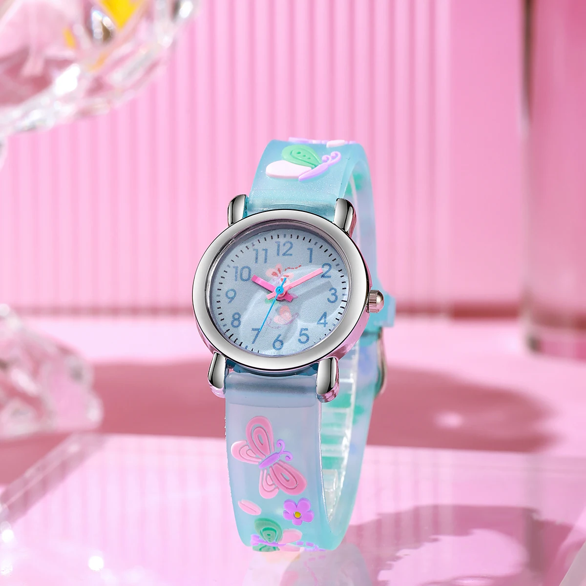 

Cute and fashionable butterfly silicone watch band with a round alloy dial, children's quartz watch, suitable for gift-giving on