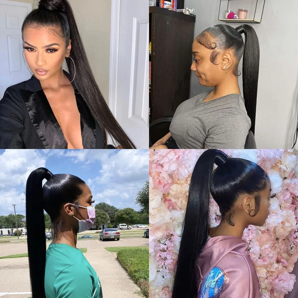 Capelli umani lisci brasiliani Remy Coda di cavallo Capelli umani Dritto Pasta magica Coda di cavallo Colore naturale Clip in un unico pezzo in posticci