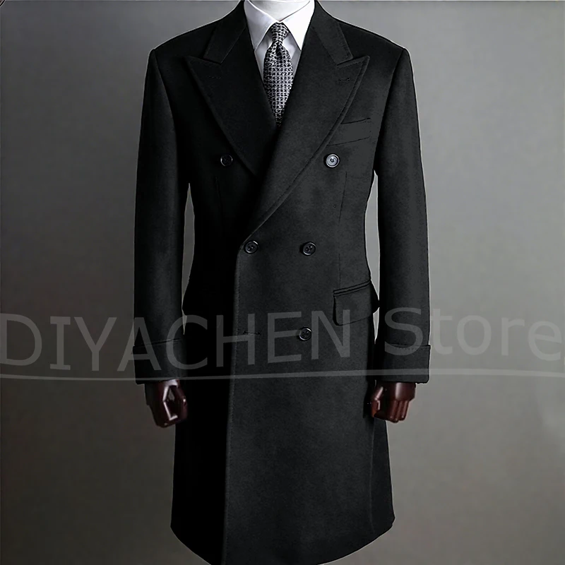 Formal marinha masculino blazer de lã grossa feito sob encomenda jaqueta masculina duplo breasted smoking lapela repicada moda blazer negócios casaco longo