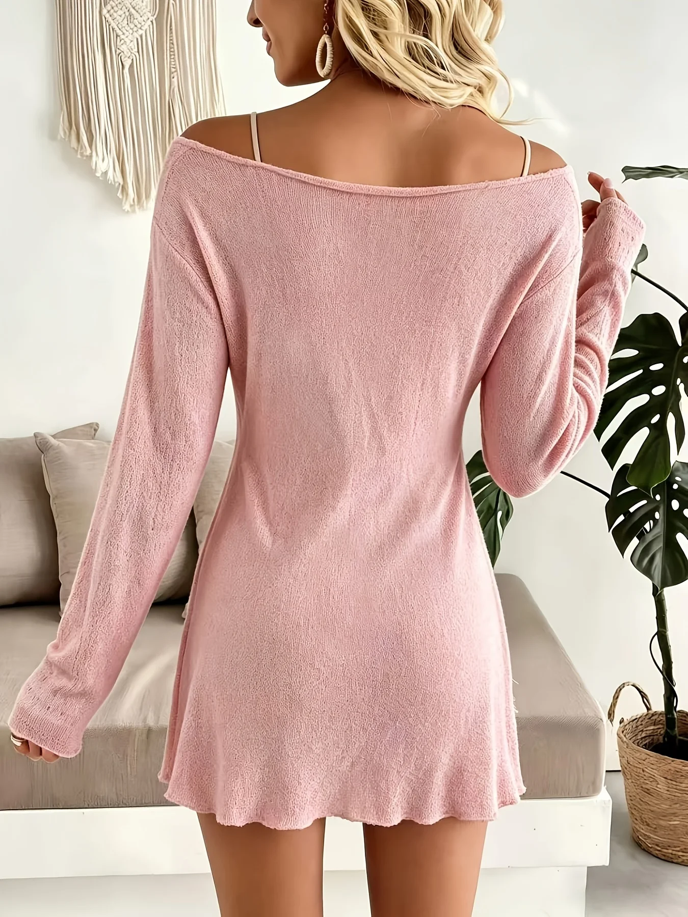 Damen-Freizeitkleid mit langen Ärmeln und Minirock, bequemes, einseitiges, tailliertes, einfarbiges langes Kleid – Detail 4