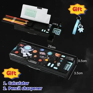 Kreatives multifunktionales Plastikstationskasten für Schüler der primären School Doppelsiedelmagnetischer Bleistiftrechner 6 Hauptverkaufsfall mit Rechner - №1