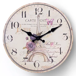 French-Style Paris Eiffel Tower Pattern Wooden Wall Clock for Living Room, Bedroom, Kitchen, Home Decoration, Silent Quartz Clock, Holiday Gift, 10 Inches, 12 Inches, 14inch, 16inch (Battery Not Included)