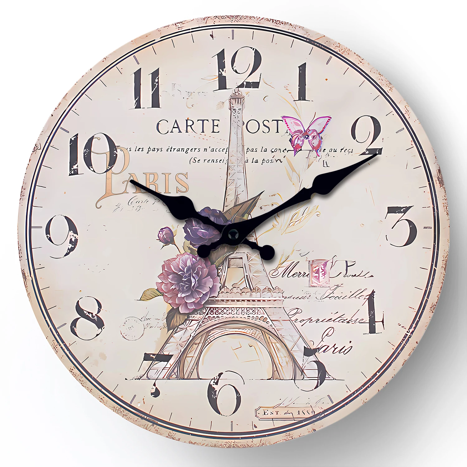 French-Style Paris Eiffel Tower Pattern Wooden Wall Clock for Living Room, Bedroom, Kitchen, Home Decoration, Silent Quartz Clock, Holiday Gift, 10 Inches, 12 Inches, 14inch, 16inch (Battery Not Included)