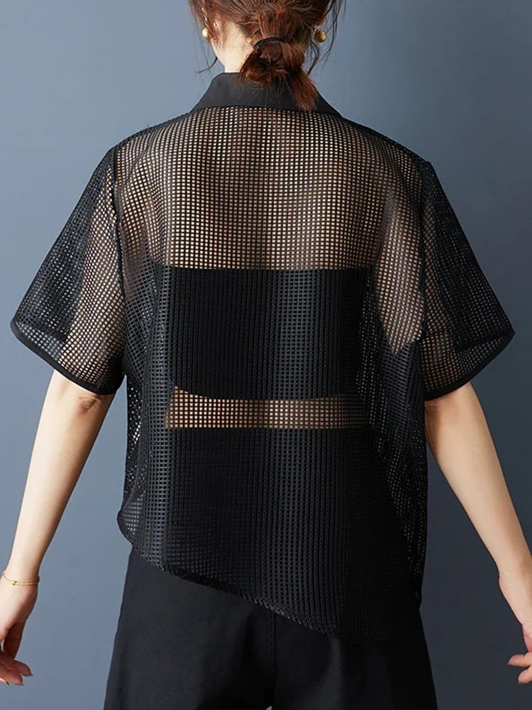 XITAO Hollow Out Irregular Women Blouse Short Sleeve Casual Loose Turn-down Collar Solid Color Summer Female Shirts ZMY1222 view 2