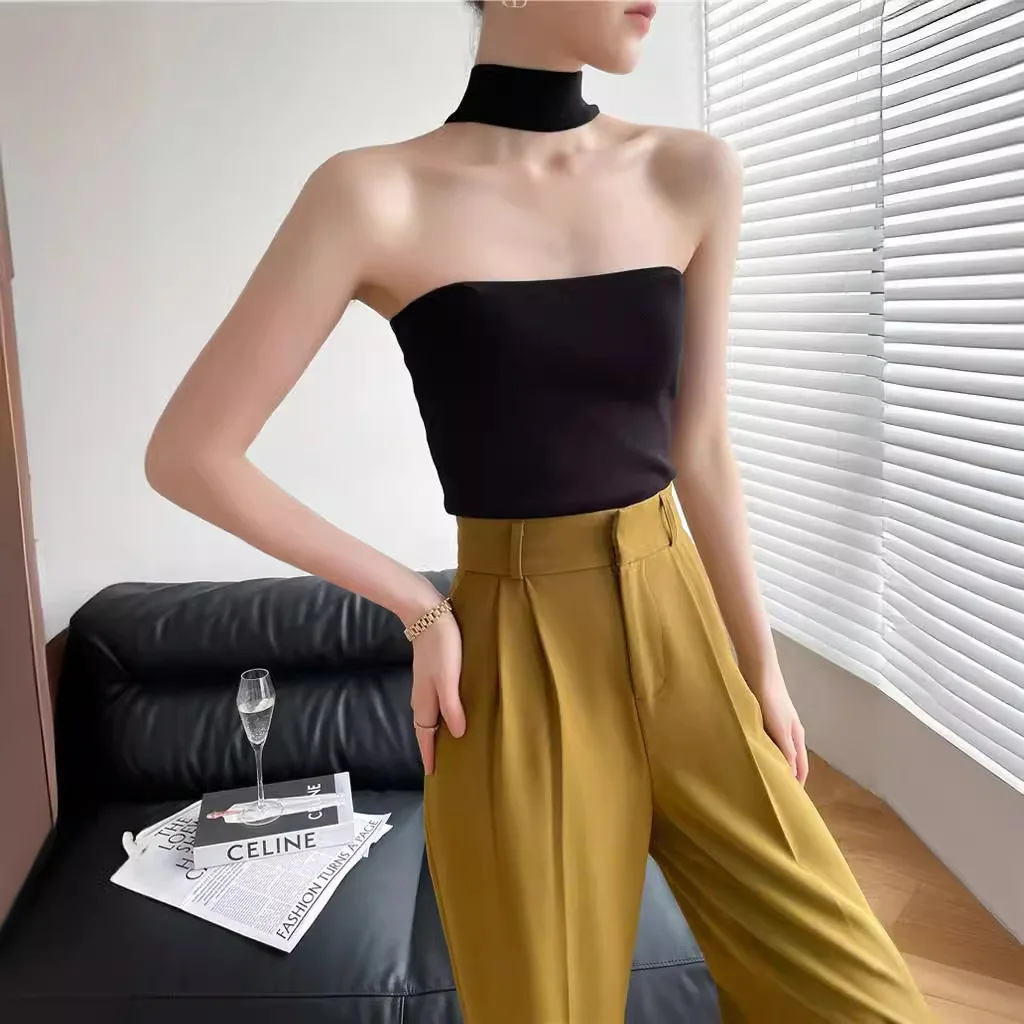 

6260 горячая девушка сексуальный стиль однотонный с круглым вырезом Холтер облегающий бумажный тонкий вязаный топ без рукавов для женщин