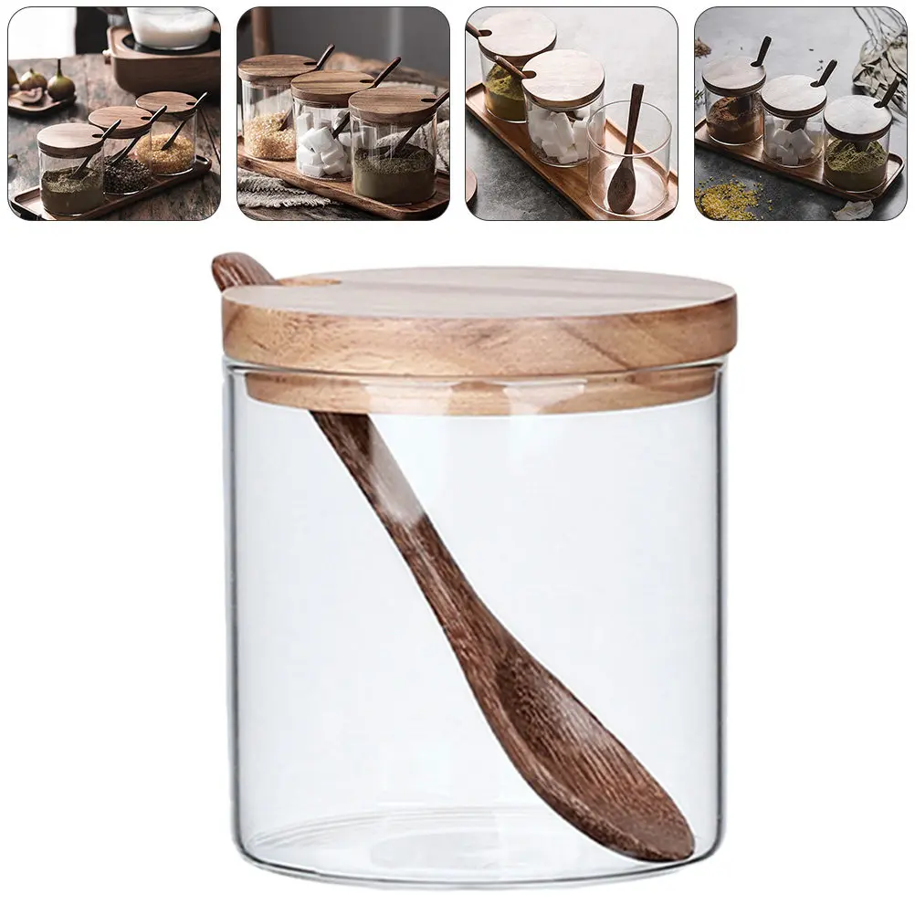 2Pcs Glass Seasoning Jars with Spoon Acacia Wood Lid Humanized Groove Design Convenient Kitchen Condiment Storage Containers