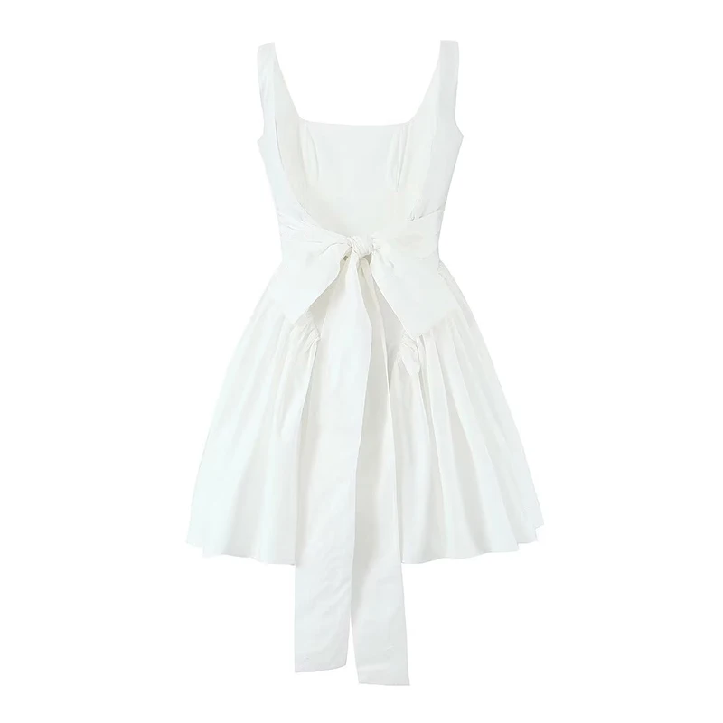 YENKYE Summer Women Sexy Backless Bow Mini Dresses Sleeveless Low Waist Pleated Swing Holiday Party Robe Black White Pink
