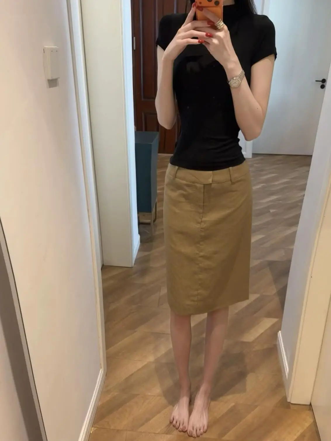 Retro Kaki Linen Skirt Half-length Casual Women's Spring Summer New Style All-match mid Waist Zipper Straight Cut Skirt