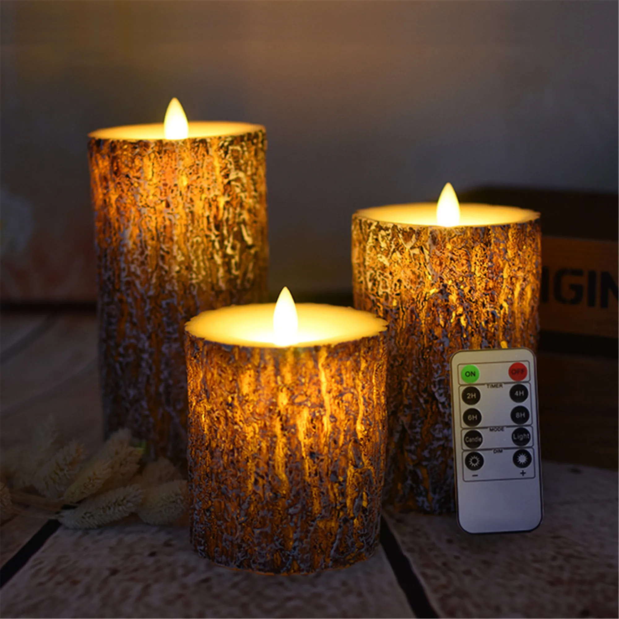 

Set of 3 Birch bark Flameless pillar Candle with diameter 3"-Electric Flickering led candle with romote timer-real wax Led Batte