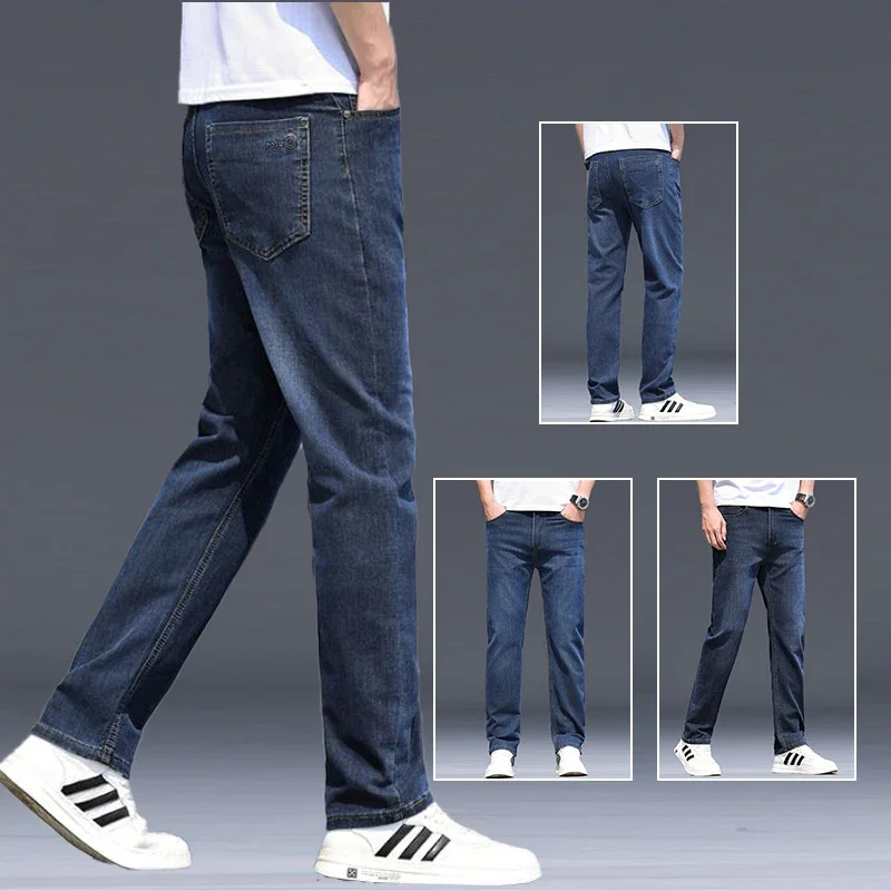 

Fashion Daily Slim Fit Blue-Gray Trousers Men Spring Autumn Look Taller Jeans Male Elasticity Basic Style High End Denim Pants