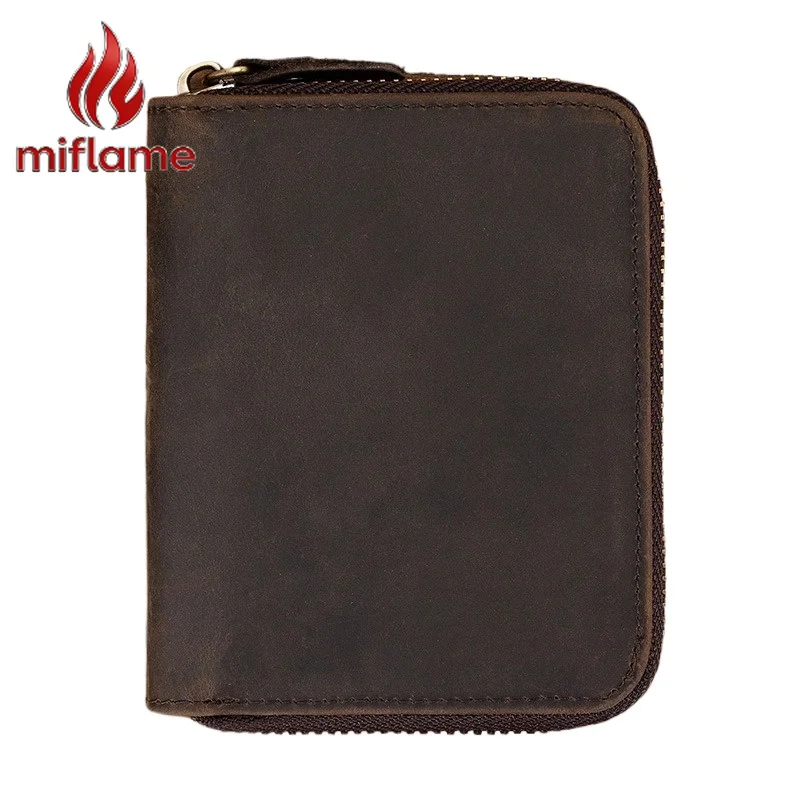

Men's Luxury Vintage Crazy Horse Leather Zippered Short Wallet Purse with Coin Pocket Top Grain Cowhide for Handbag
