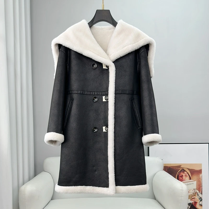 PUDI Two-sided Wearing Sheep Shearling Fur Coat Women's Medium-length 2024 Winter New Lamb Hair Hooded Jacket CT417