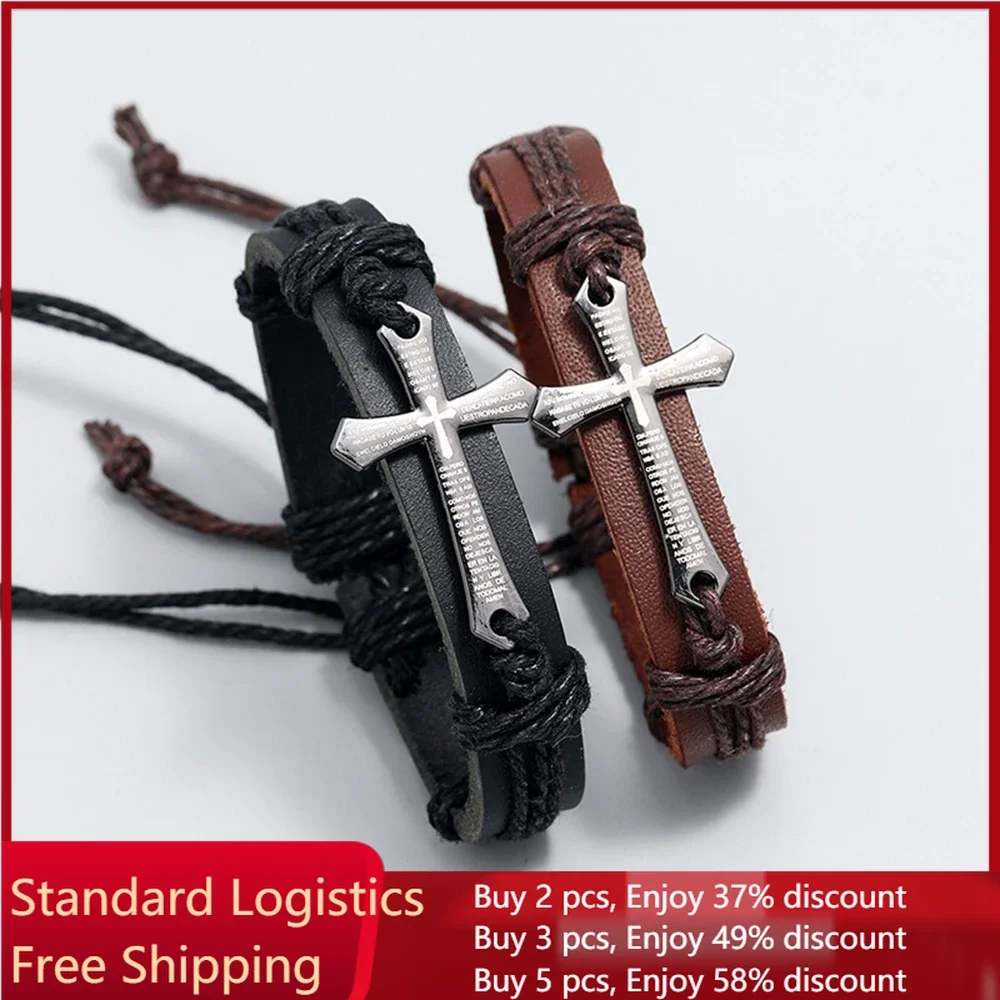 Vintage Punk Adjustable Cross Jesus Bracelets Men Women Simple Religious Braided Leather Bracelets Christian Jewelry Gifts