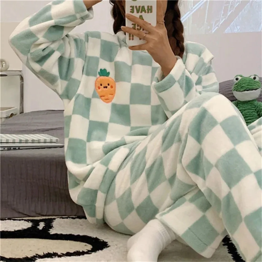 Autumn Winter Women Warm Flannel Fleecing Pyjamas Set Kawaii Cartoon Plaid Girls Homewear Long Sleeve Cute Sleepwear Night Suit