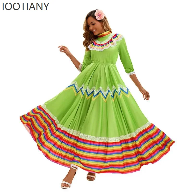

Women's Five-color Mexican National Spanish Big Skirt Green Sweet Dress Halloween Masquerade Party Stage Performance Costume New