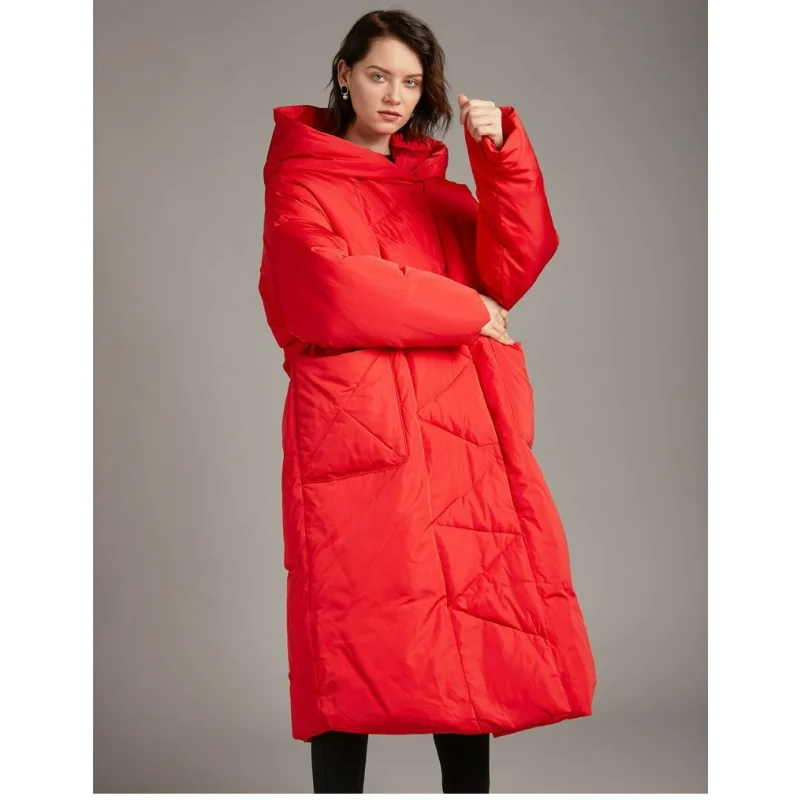 

Women Waterproof Down Jackets Hooded Windproof Thick Coats Large Size White Duck Trend Over The Knee Keep Warm Slit Loose Solid