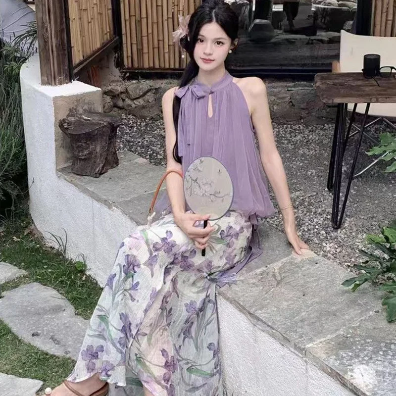 

Новый китайский комплект из двух предметов с цветочным принтом ter Ne, топ и юбка Ele Faionable, летний наряд, ансамбль для одежды