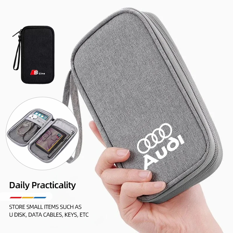 Car Logo Storage Bag Protable Key Drive Earphone USB Card Pouch For Audi Sline A3 A4 A6 A5 Q5 A1 Q7 Q3 Q2 B4 B5 B6 SQ5 RS3 RS6