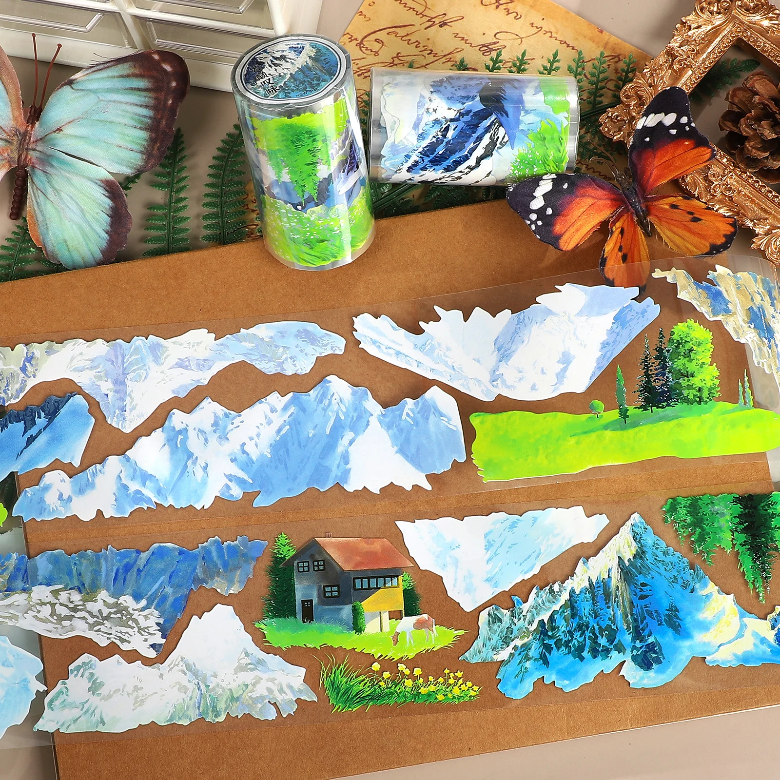 เทป PET ลายภูเขาหิมะและต้นไม้สไตล์วินเทจ ขนาด 70 มม.*5.2 ม. สำหรับงาน DIY สร้างสรรค์ วัสดุตกแต่งสมุดบันทึก คอลลาจ และงานศิลปะ