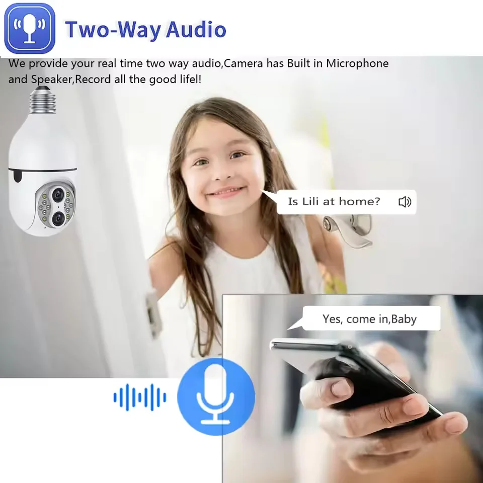 E27 WiFi Dual-Lens Bulb Camera 5MP - Two-Way Audio Smart Security Camera, Pan-Tilt Wireless IP Camera for Home Surveillance