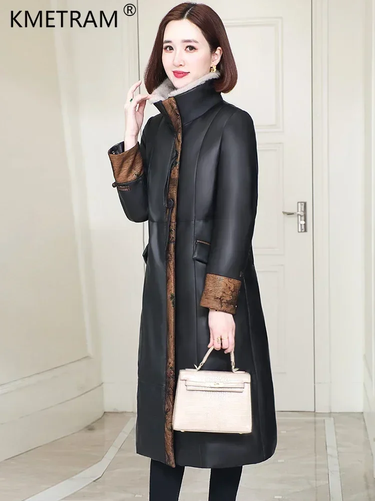 Genuine Sheepskin Leather Trench Coat for Women Winter 2024 Long Down Coats Luxury Mink Fur Collar Warm Puffer Jacket Chaquetas