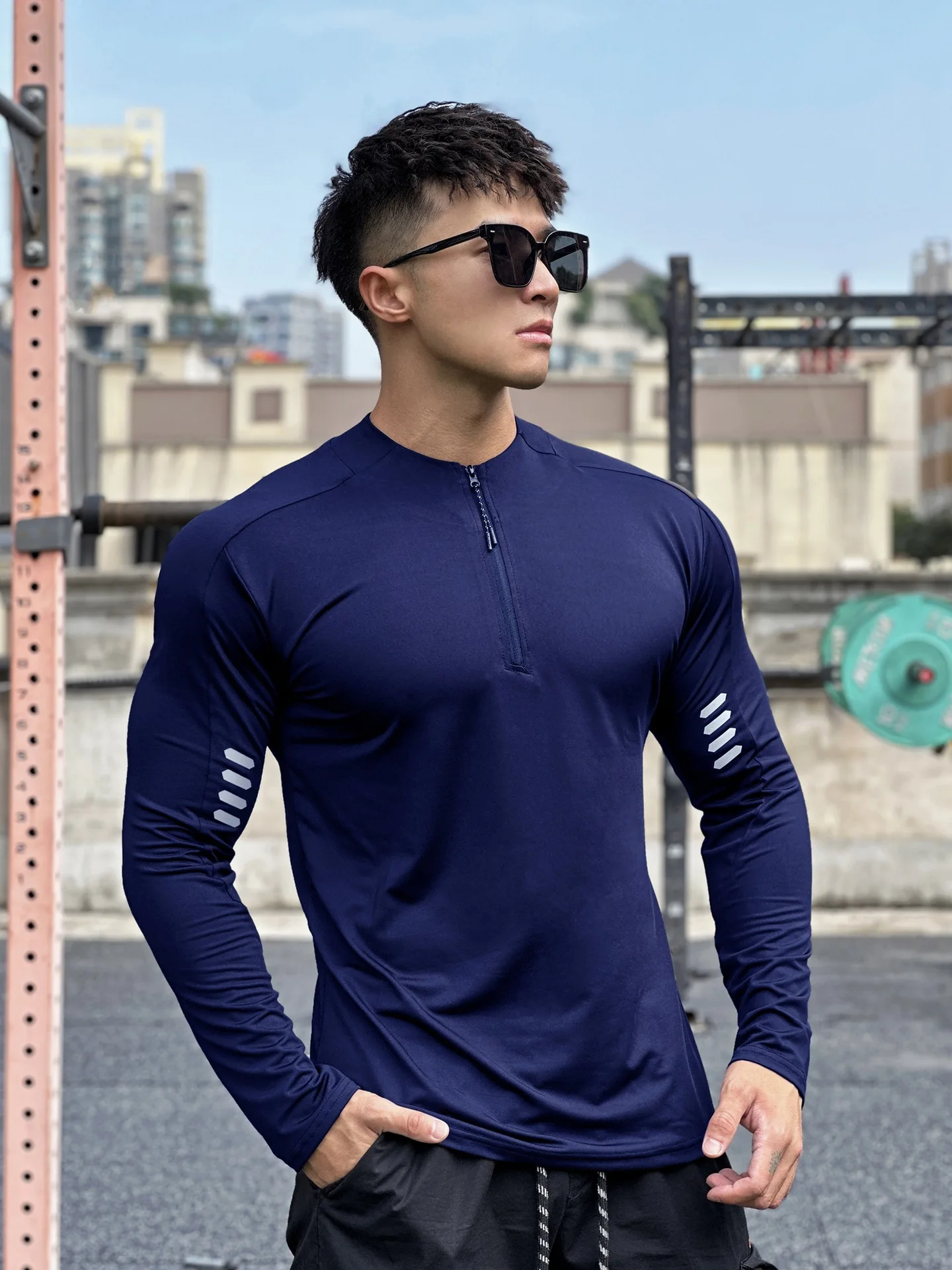 Autumn new men\'s stand collar elastic riding clothes sun protection long sleeve fitness clothes sports running zipper top