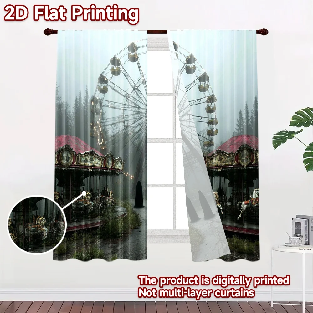 2D flat printing 2pcs Curtain Creepy Abandoned Carnival Ferris Wheel Digital Printed Polyester Drapes Family Party Use for