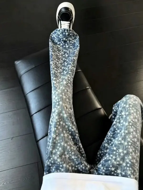 Retro American Star Print Men's Jeans Straight Leg Bell Bottoms Cool Street Style Autumn Fashion Casual Denim Pants