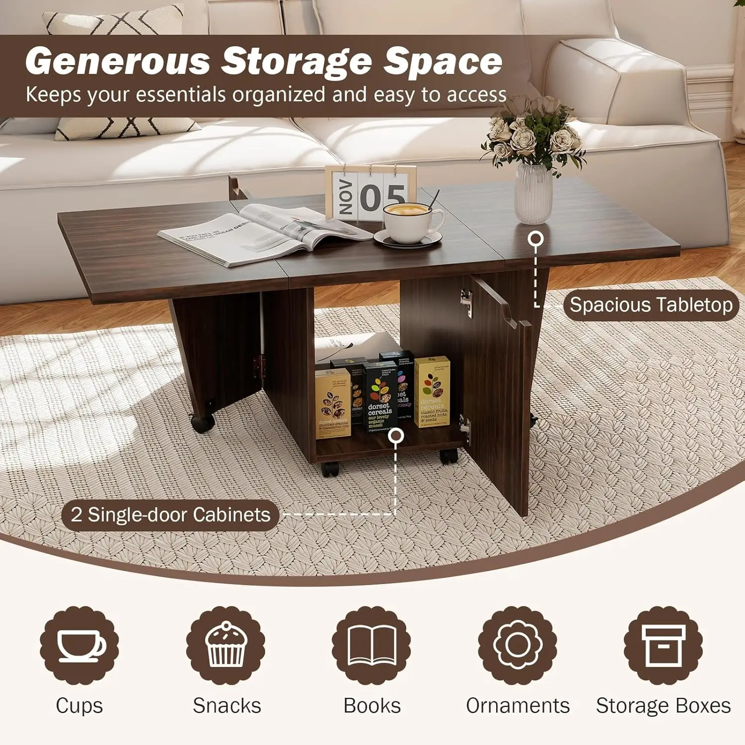 48 Inch Walnut Mid-Century Modern Folding Coffee Table - Drop Leaf Extendable, Storage Cabinet & Wheels,