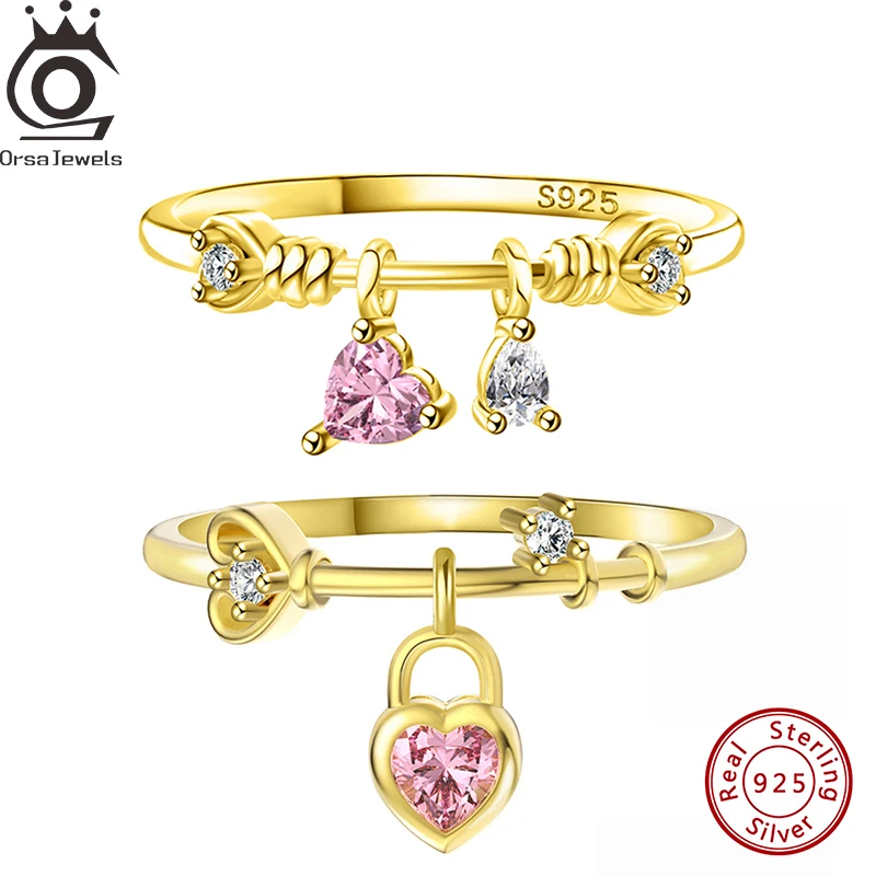 ORSA JEWELS Cubic Zircon Pink Love Heart Pendant Ring Female Genuine 925 Sterling Silver 14K gold Rhodium Plated 6-9 Size SR312