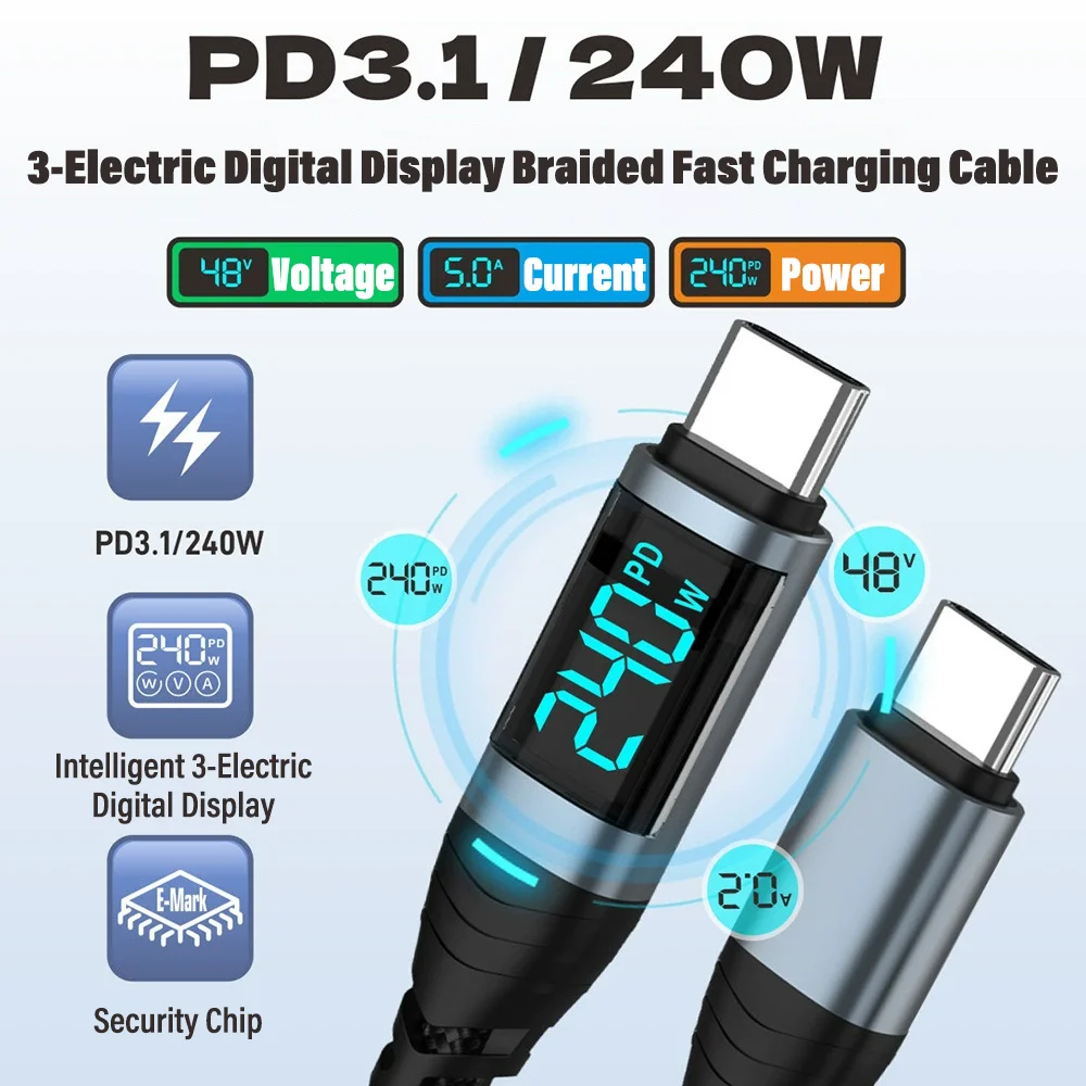 240W 5A E-mark Chip Digital Display USB C to Type C Super Charging Data Cable For Iphone 15 16 17 pro Samsung s24 Huawei Xiaomi