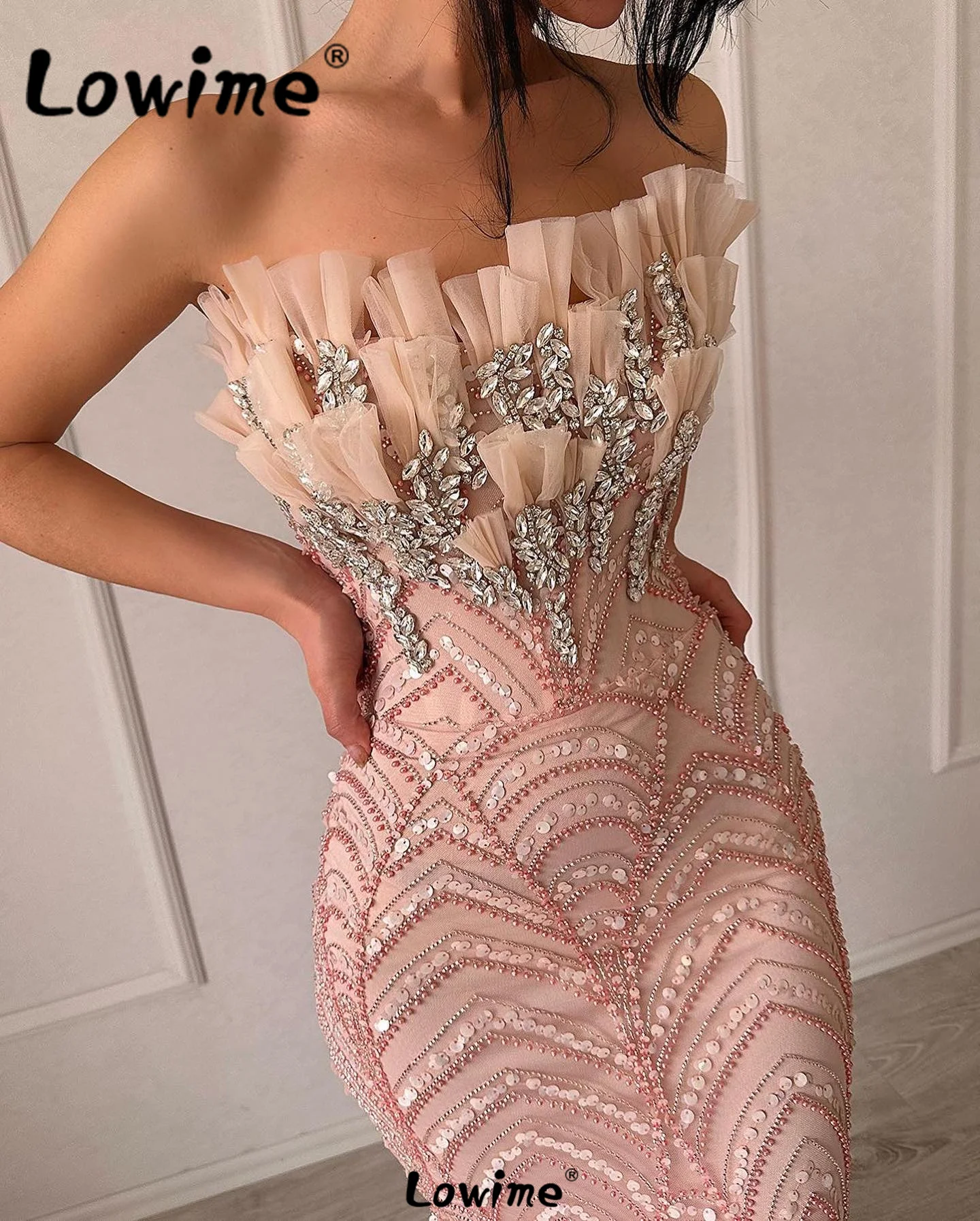 Pink Beaded Arabic Party Dresses Engagement Gowns Wedding Aso Ebi Crystals Prom Dress Robe De Soiree 2024 Formal Evening Dress