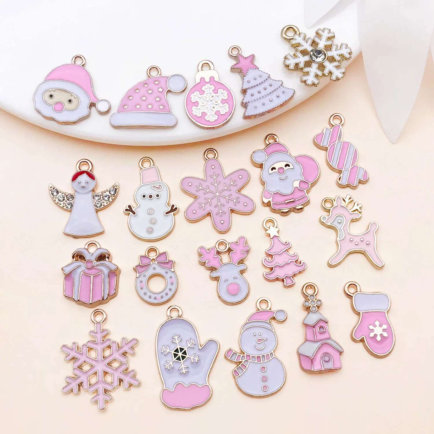 10/20pcs Christmas Alloy Enamel Charms Pink White Pendant Jewelry Making DIY Keychain Earrings For Jewelry Bracelets Necklace