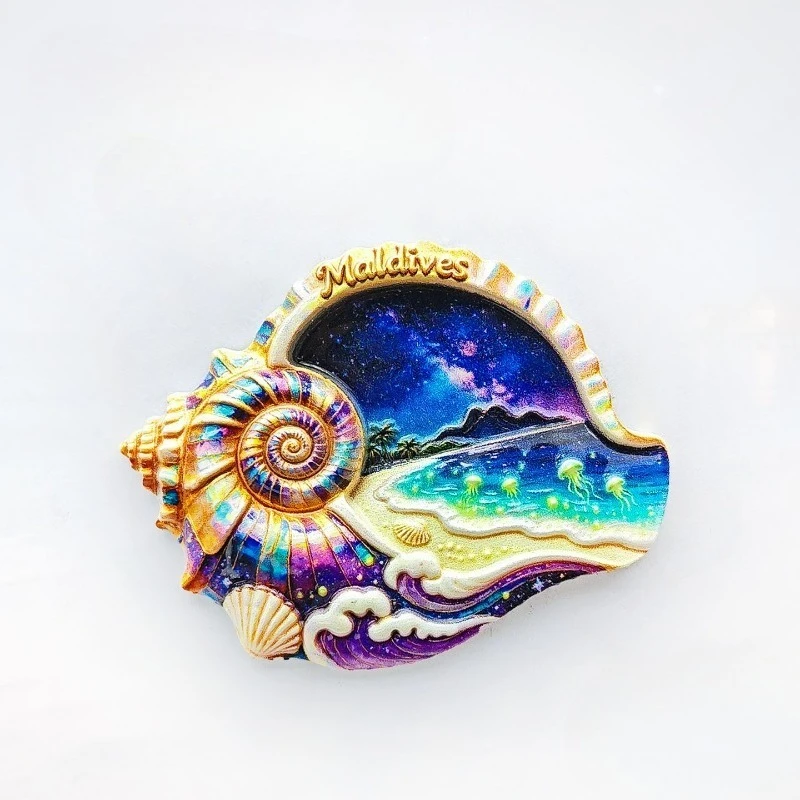 Maldives Conch Jellyfish Fridge Magnet - Enchanting 3D Ocean Souvenir Unique Tropical Gift for Travel & Cosmic Decor