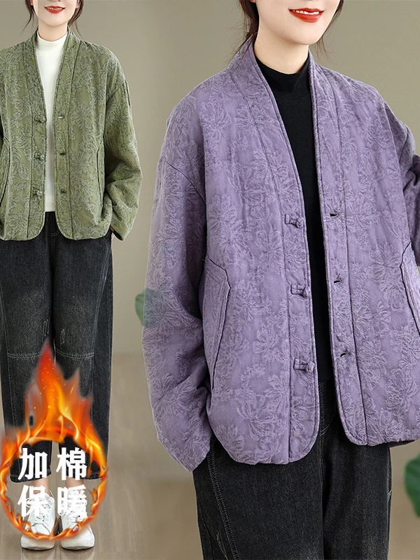 Retro Chinesische Sle V-Ne Button-Up Baumwolle Jaet Lose Beiläufige Warme Blumen Stickerei frauen Mantel Thiened Lange Sve