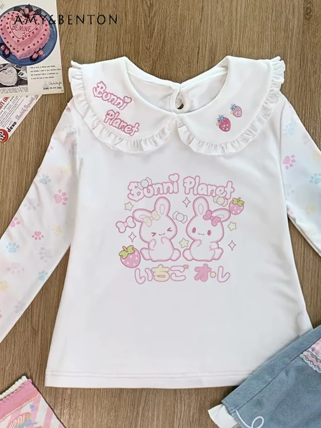 

Lolita Kawaii Cartoon Printed Doll Collar Long Sleeve T-Shirt Japanese Sweetheart Girl Splicing Color Versatile Casual Inner Top