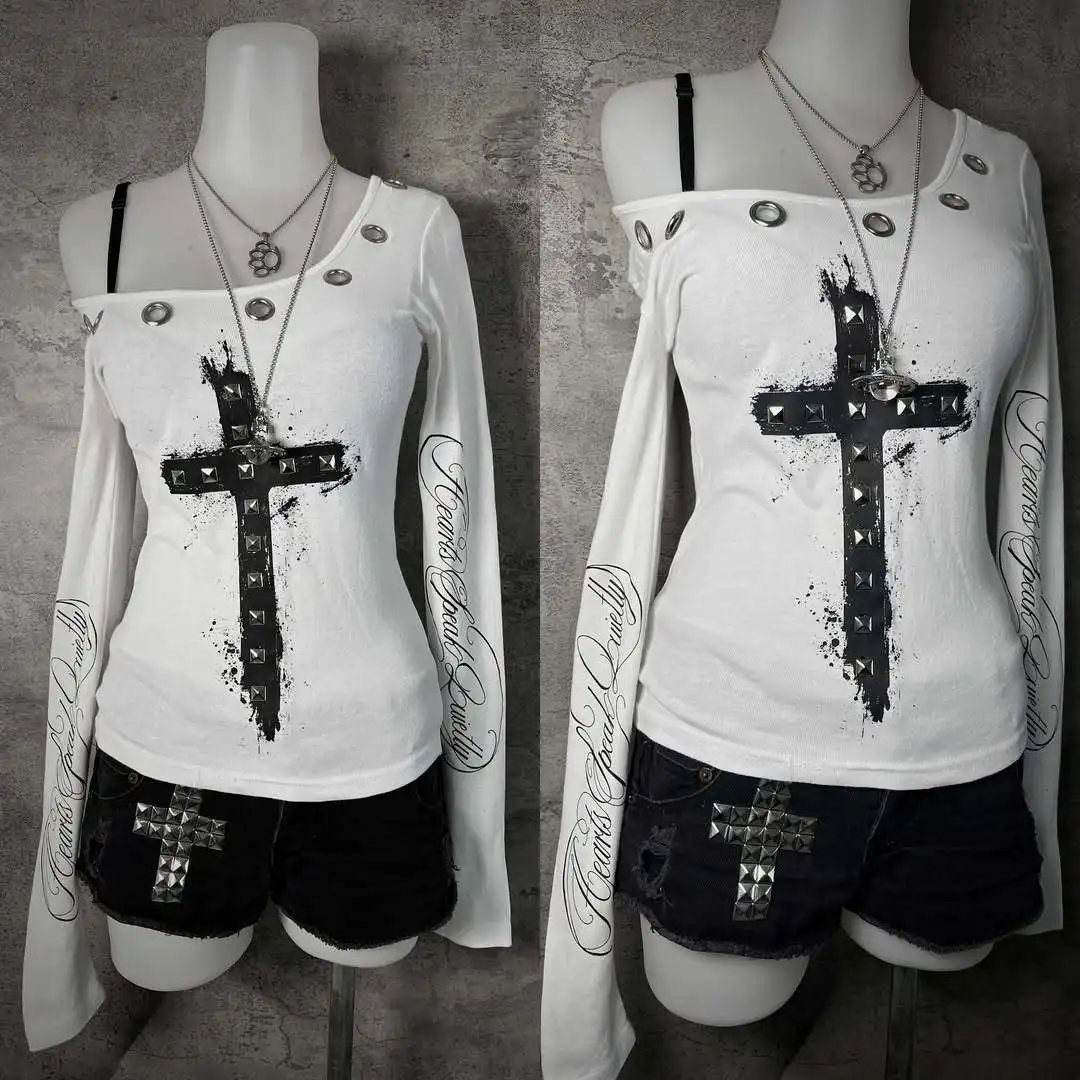 Harajuku Retro Street Style Rivet Decoration Long Sleeve T-shirt Top Summer Y2k American Casual Long Sleeve Top