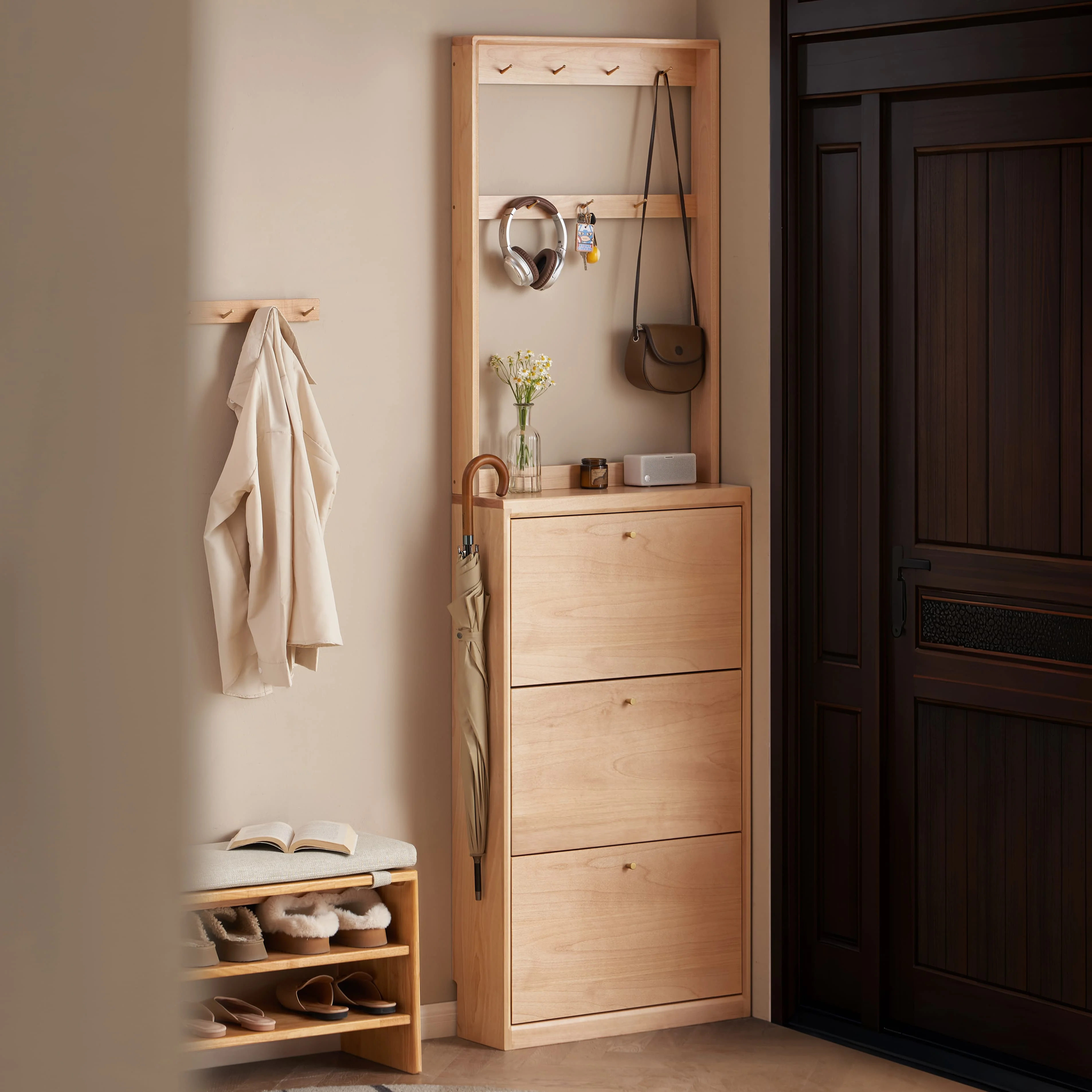 Solid wood shoe cabinet, with ultra-thin flip door, multi-layer storage, shoe rack, jacket, entrance hall closet