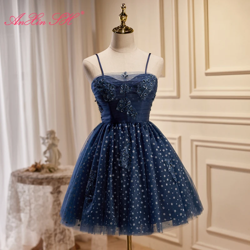 AnXin SH-Petite Robe de Soirée Noire en Dentelle, Tenue Courte Personnalisée, Bretelles Spaghetti, Perles de Clip, Bleu, Princesse Nef