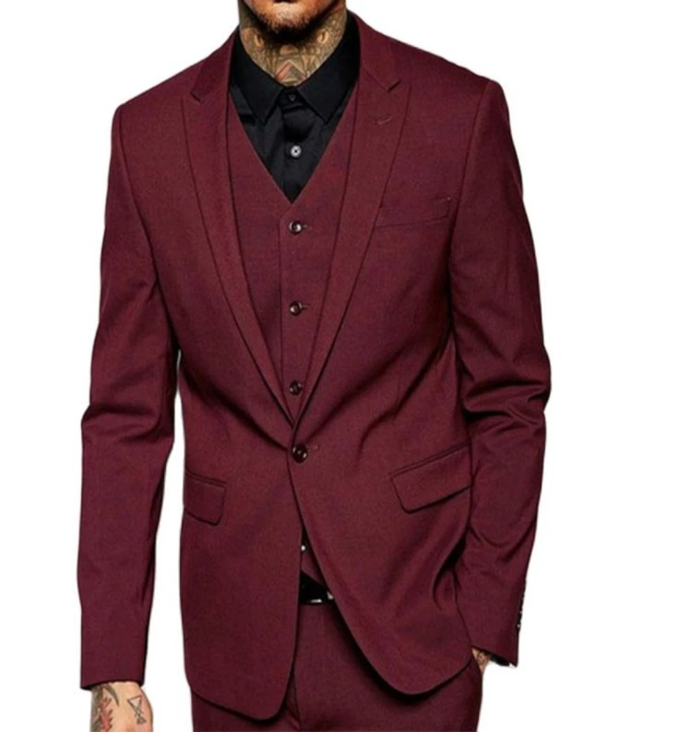 

Burgundy Elegant Men Suits 3pcs Gentlemen Style Men's Blazer Trousers Tuxedo Bridegroom Wedding Wear Suit(Jacket+Pants+Vest+Tie)