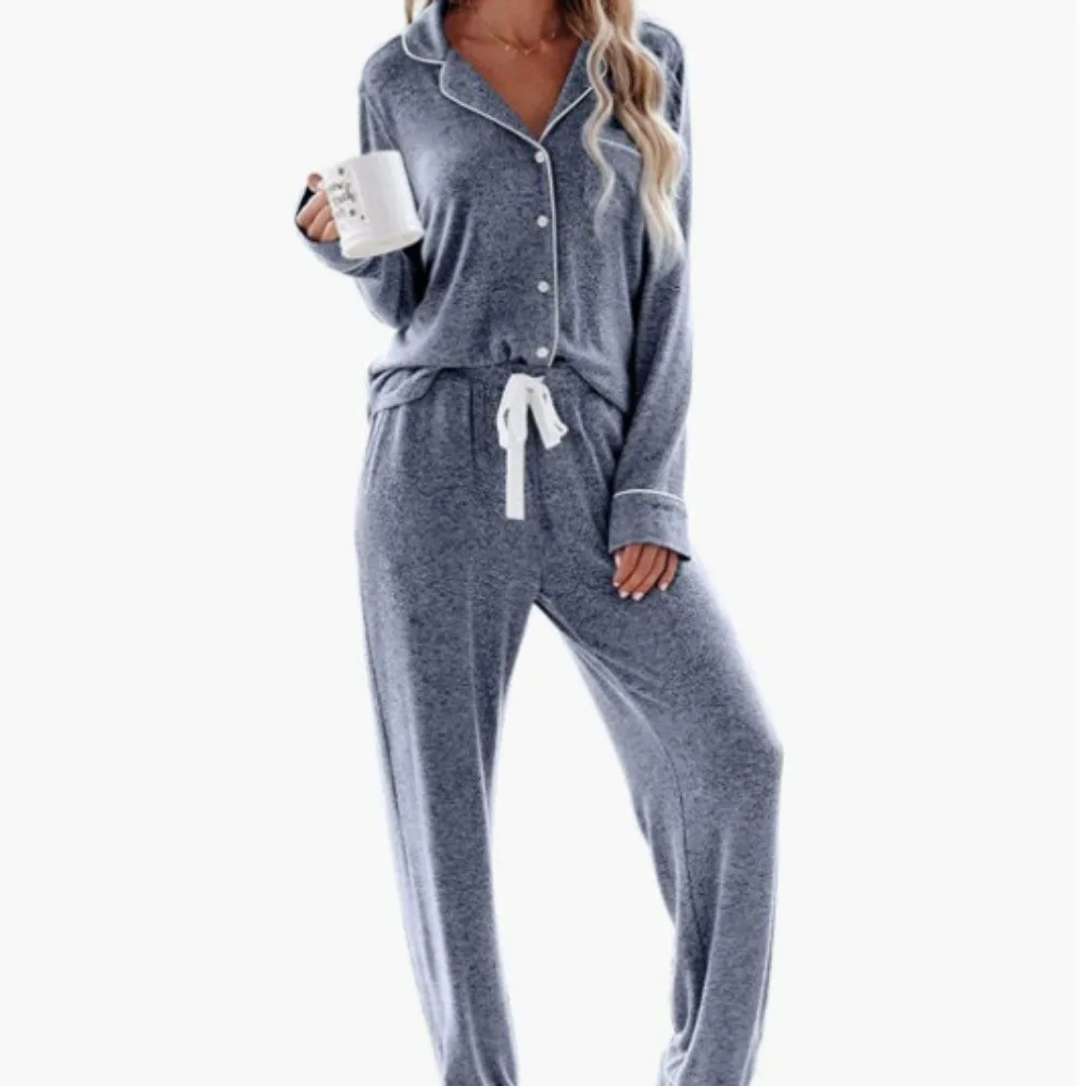 

New Products European and American Solid Color Long Sleeve Trousers Lapel Button Editing Pajamas Home Clothing Suit for Women