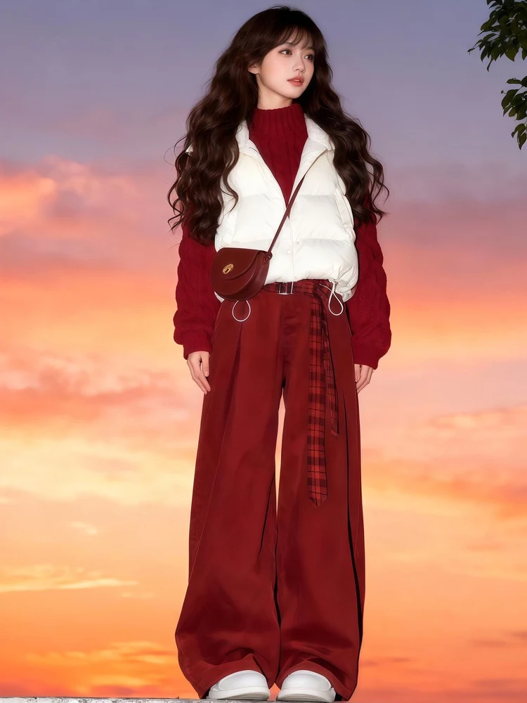 

plus Size Lazy Sle Knitted Sweater Vest Wide Leg Pants Set Women's Faion Autumn Winter White Enhancing Aosphere Clothing