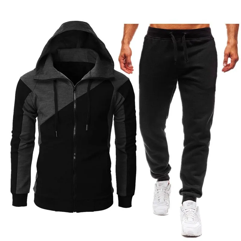 2024 autumn and winter sports two-color spliced jacket long sleeved long pants hooded casual sports men\'s suit