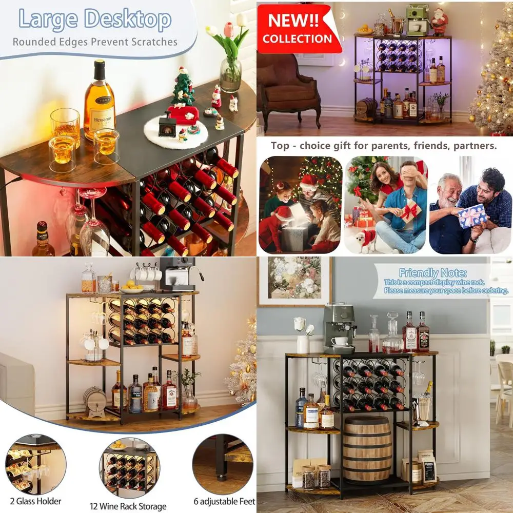

LED-Illuminated Wine Bar Cabinet with Mini Rack, Storage, and Glass Holder for Home, Kitchen, Dining, Living Rooms in Rustic Bro