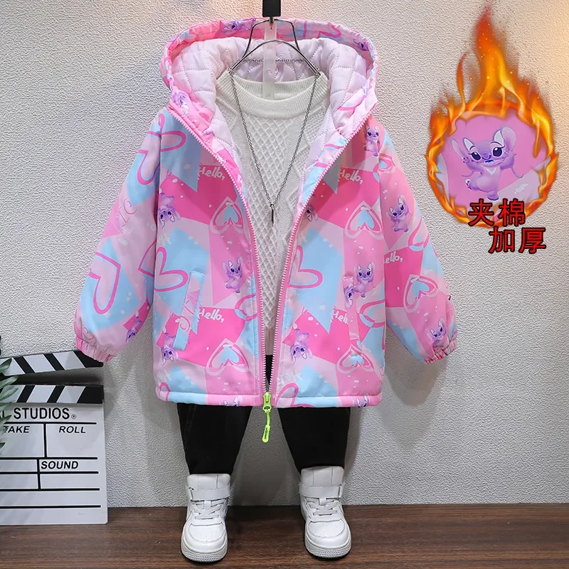 Disney Stitch and Lilo Jacket Coats For Girls 2024 Autumn Winter Kids Cotton Padded Thicken Hooded Windbreake Children Parkas