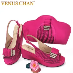 Venus Chan Italiaans Ontwerp Bruiloft Wiggen Hhigh Hakken Fuchsia Kleur Damesschoenen Met Bijpassende Tas Set Nigeriaans Voor Feest