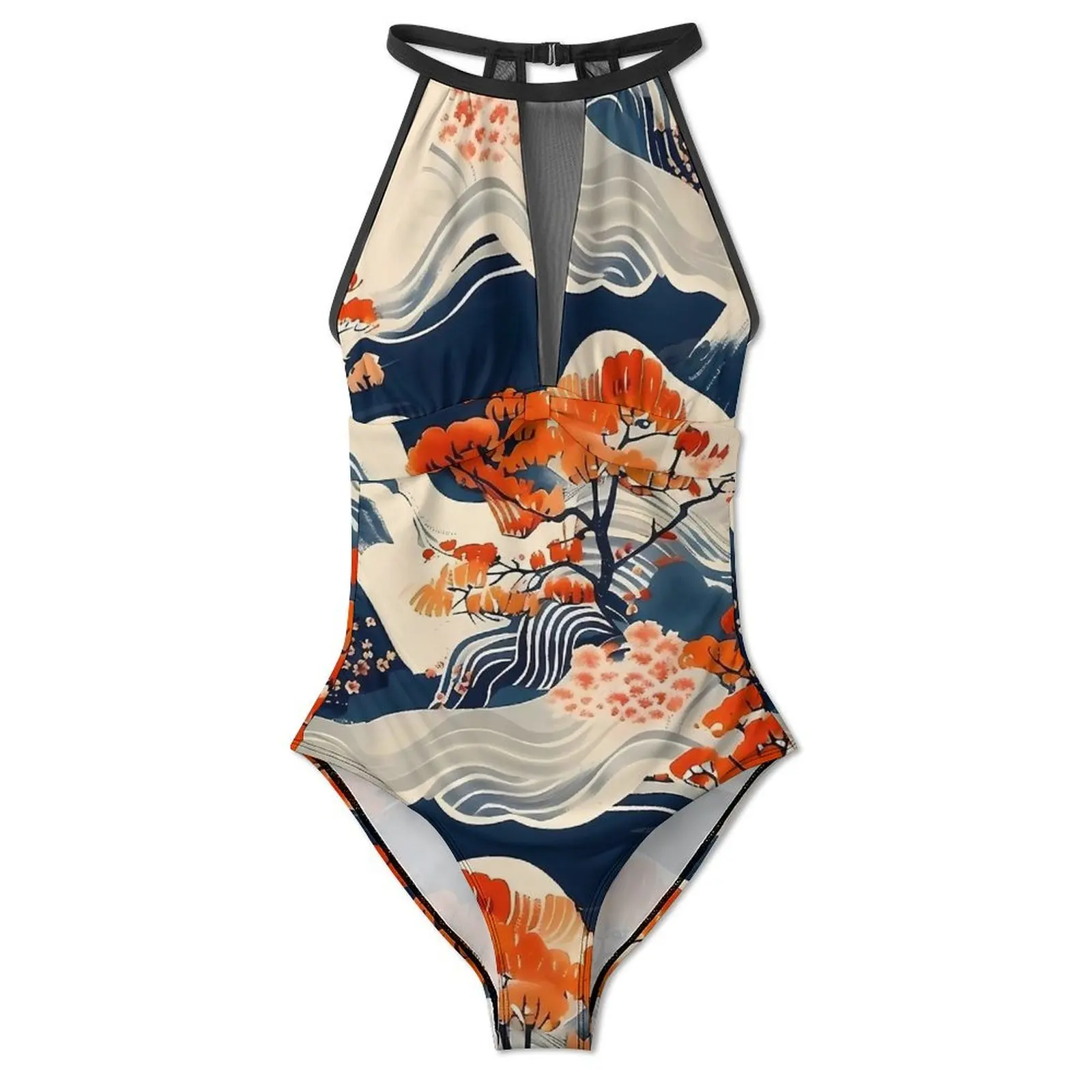 Retro Japanese Art Inspired Swimsuit Sexy  One-Piece Swimwear Push Up Bodysuit Fashion Holiday Surf Beach Wear