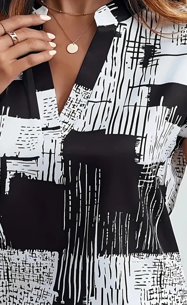 حجم كبير المرأة أنيقة أبيض وأسود هندسية طباعة قميص المرأة الربيع/الصيف بلوزة قماش غير قابلة للتمدد