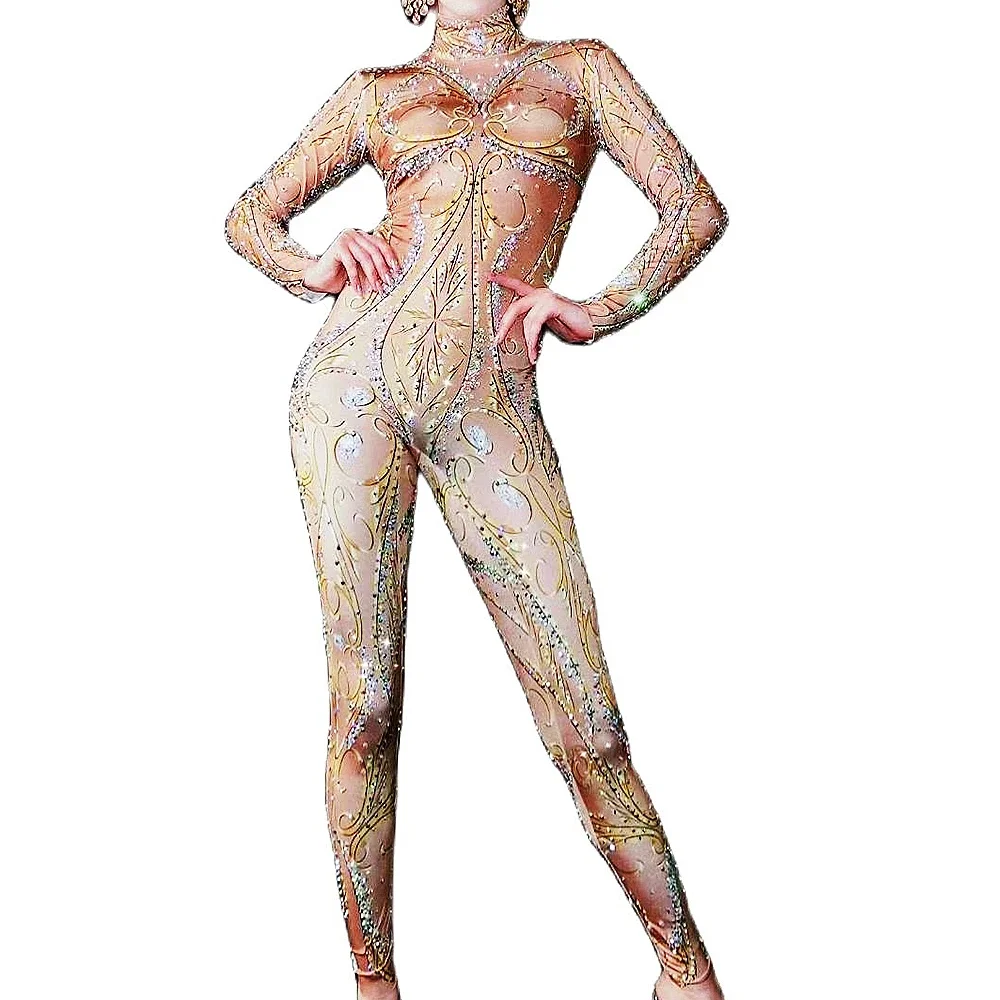 Gold Sparkly Rhinestone Floral Print Women Jumpsuit Long Sleeve Stretch Tight Body Suits Nightclub Dance Wear Pole Outfit