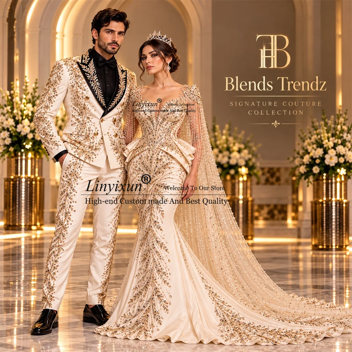 High End Jewelry Diamond Men Suits Customized Peaked Lapel Slim Fit Groom Male Blazers 2 Piece Sets Wedding Tuxedos ropa hombre